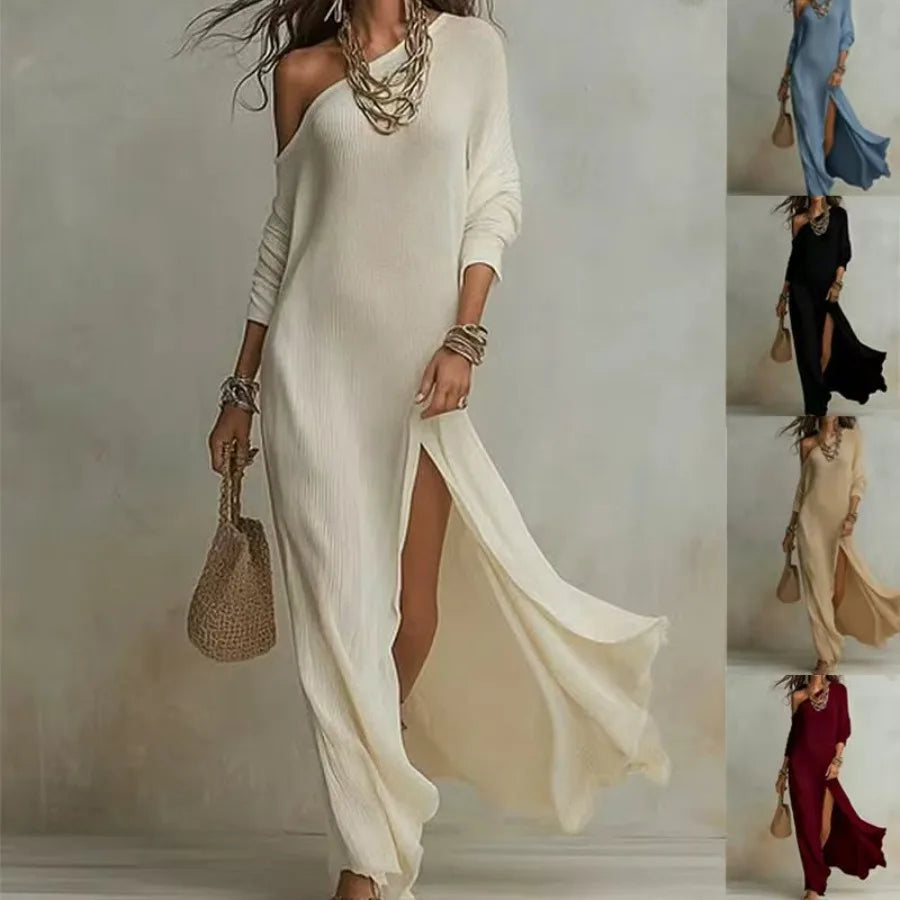 Long Sleeve Pleated Split Maxi Dress with Flowing Contemporary Elegance