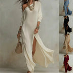 Long Sleeve Pleated Split Maxi Dress with Flowing Contemporary Elegance