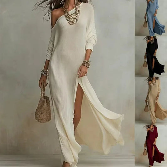 Long Sleeve Pleated Split Maxi Dress with Flowing Contemporary Elegance
