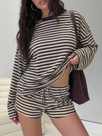 Striped Long Sleeve Top and Drawstring Shorts Casual Co-Ord Set