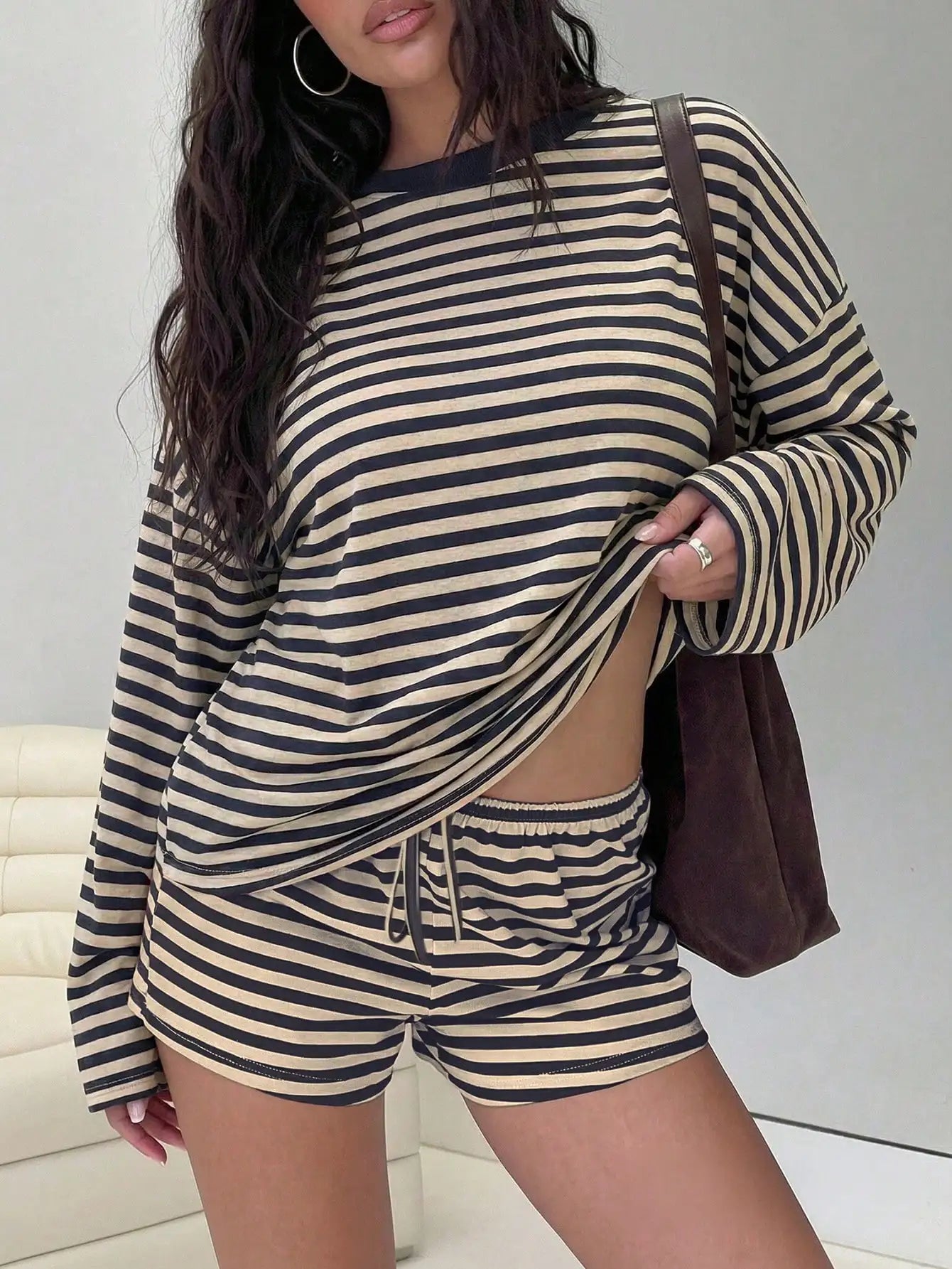 Striped Long Sleeve Top and Drawstring Shorts Casual Co-Ord Set