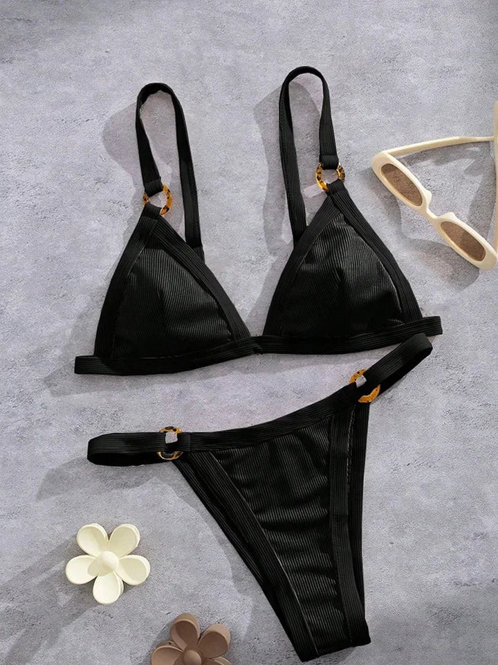 Textured Taupe Bikini with Contrast White Piping and Hardware Accents