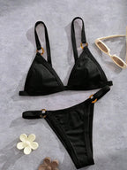 Textured Taupe Bikini with Contrast White Piping and Hardware Accents