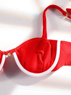 Vibrant Red Ruched Underwire Bikini Set with Metallic Ring Hardware