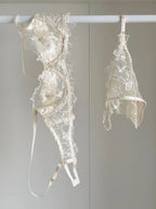 Embroidered Sheer Floral Lace Demi-Cup Bra and Matching Low-Rise Thong Set