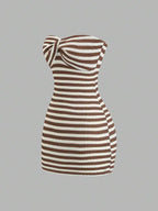 Striking Red and White Striped Strapless Bodycon Tube Dress
