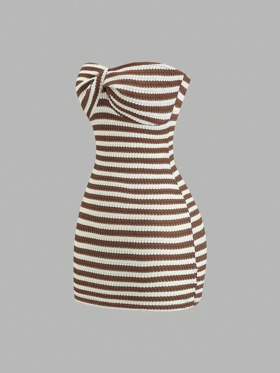 Striking Red and White Striped Strapless Bodycon Tube Dress