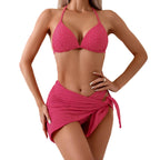Green Ribbed-Look Cut-Out Bikini Set with Halter Neck Top and Matching Wrap Skirt Cover-Up