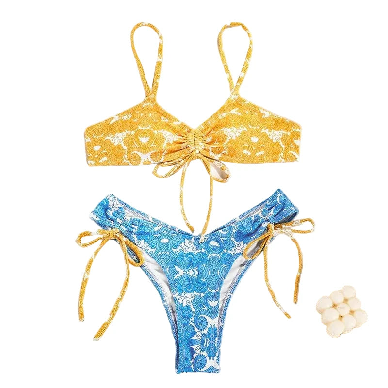 Mixed Floral Print Bralette Bikini with High-Cut Side-Tie Bottom