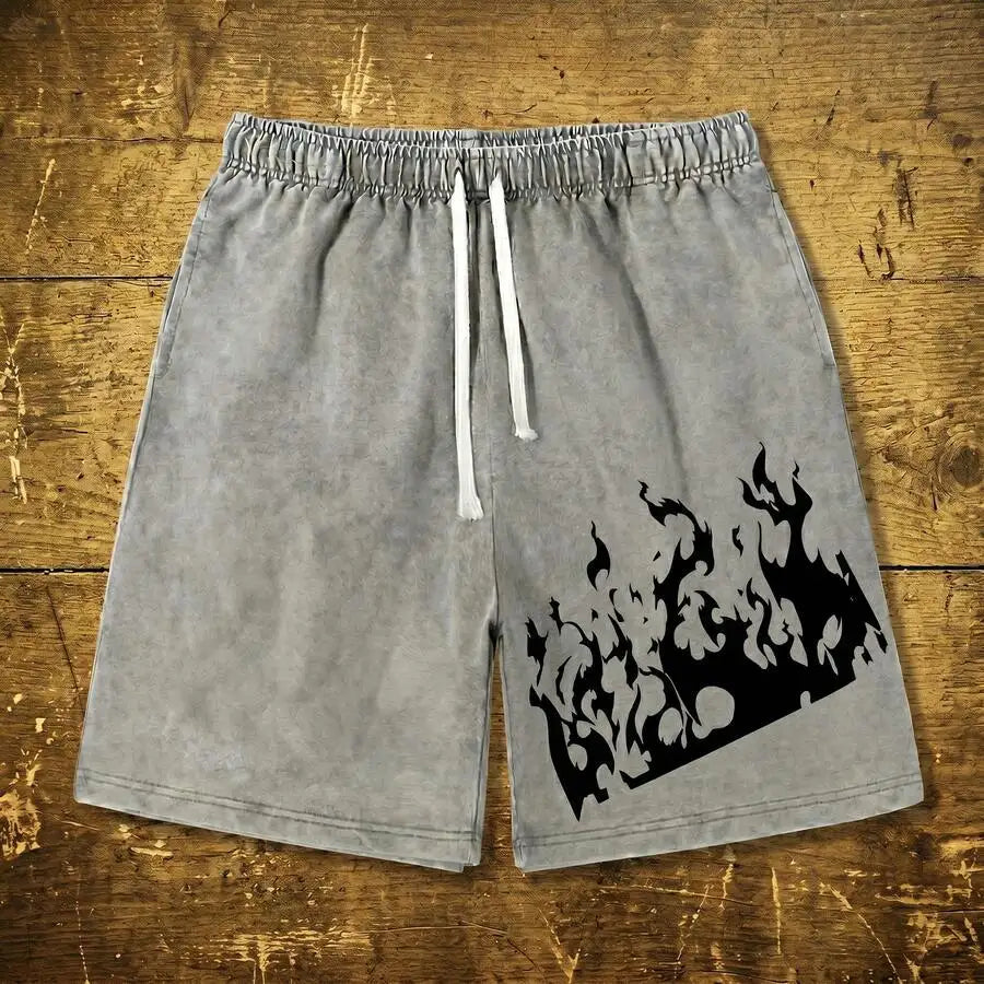 Men's Washed Drawstring Shorts with Flame Graphic Print and Relaxed Streetwear Fit