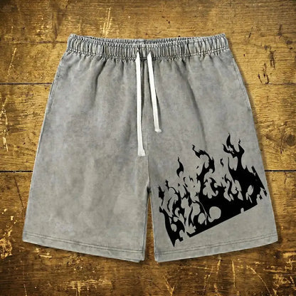 Men's Washed Drawstring Shorts with Flame Graphic Print and Relaxed Streetwear Fit