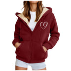 Women's Hooded Plush Fleece Zip Jacket with Heart Graphic Everyday Streetwear Style