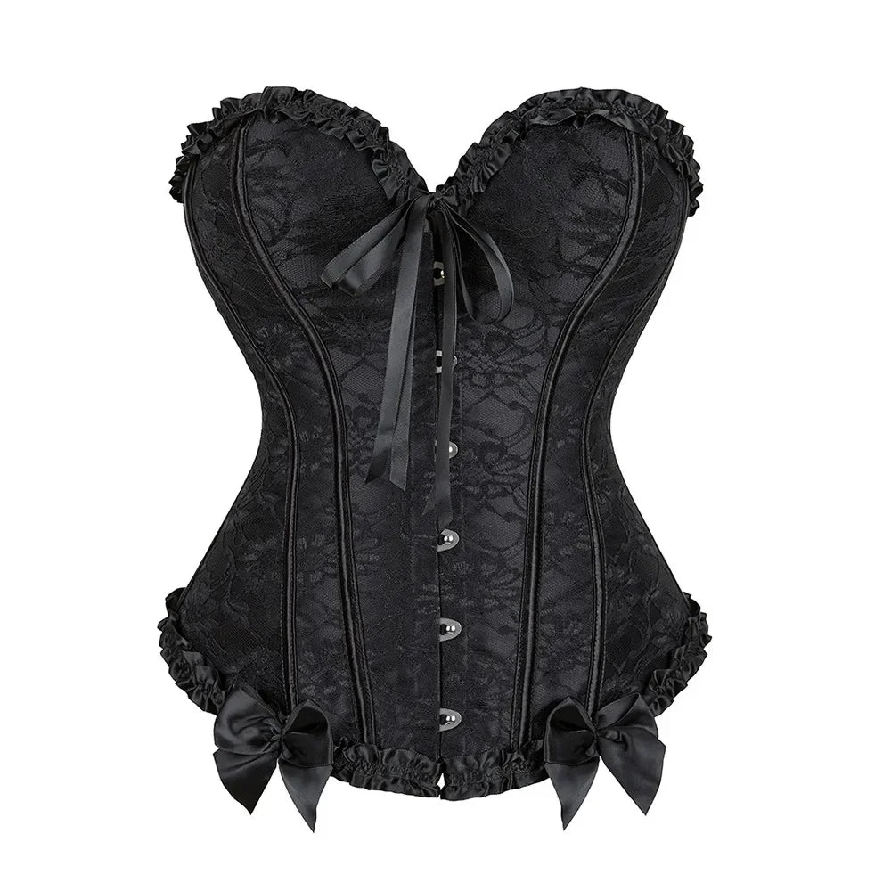 Floral Lace Overbust Corset with Structured Boning and Decorative Bow Detail