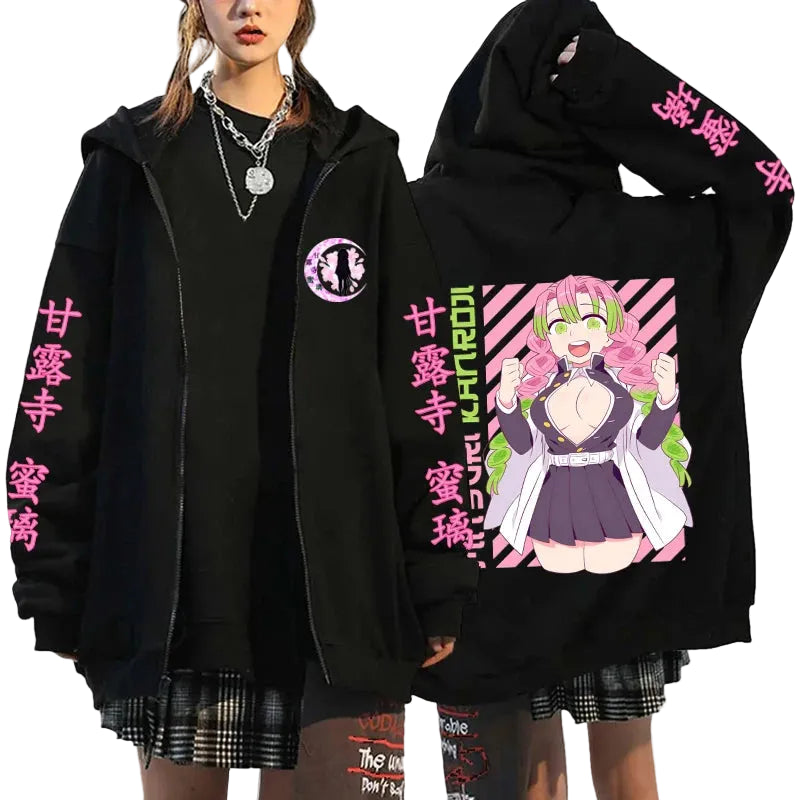 Kawaii Streetwear Zip Hoodie with Manga Graphic Design