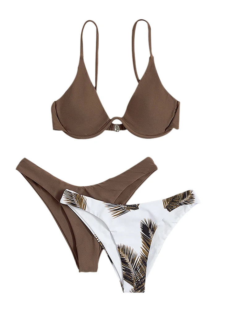 Three-Piece Underwire Bikini Set with Solid and Palm Print Bottom Options