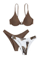 Three-Piece Underwire Bikini Set with Solid and Palm Print Bottom Options