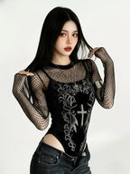 Velvet Printed Long Sleeve Gothic Bodysuit for Dark Aesthetic Fashion