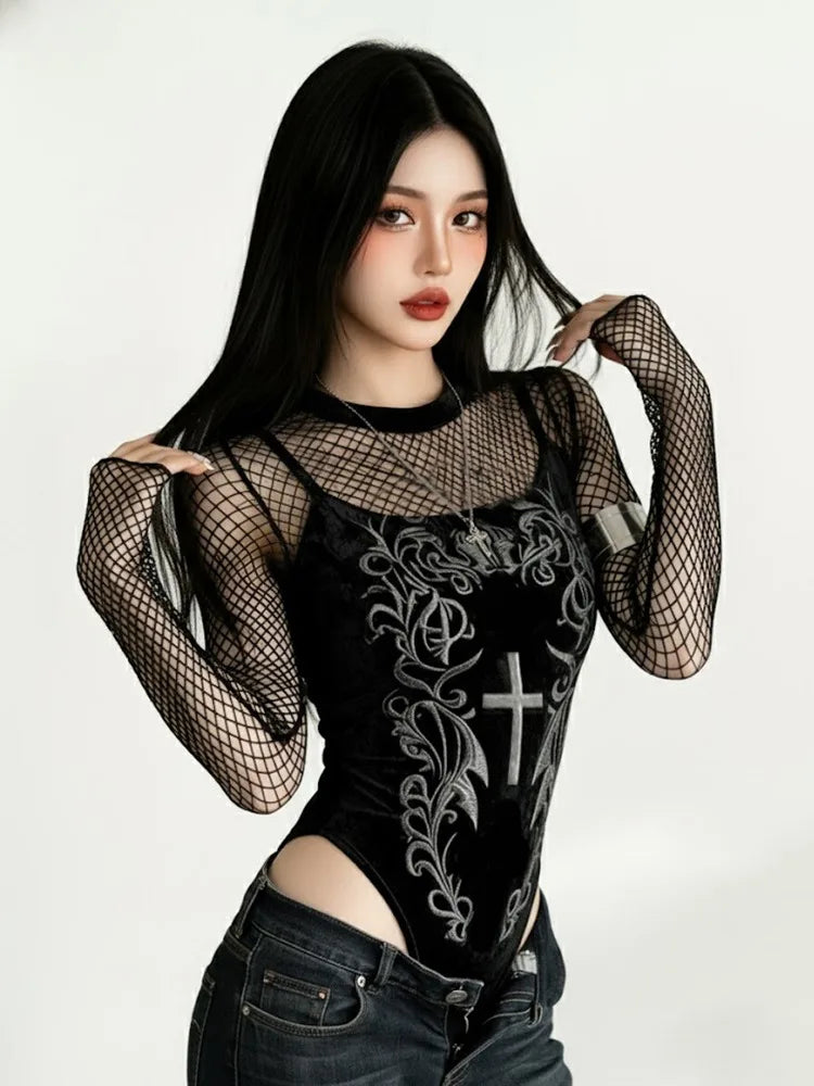 Velvet Printed Long Sleeve Gothic Bodysuit for Dark Aesthetic Fashion