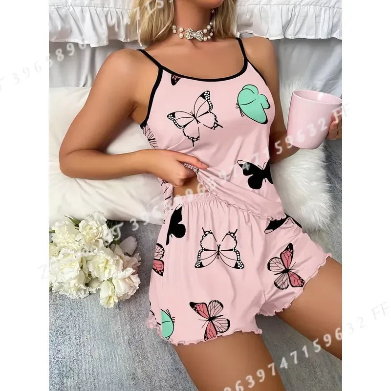 Playful Butterfly Print Camisole and Shorts Sleepwear Set with Contrast Binding