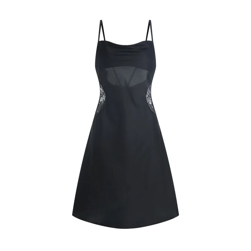 Sleek Black A-Line Slip Dress with Sheer Side Panel Details