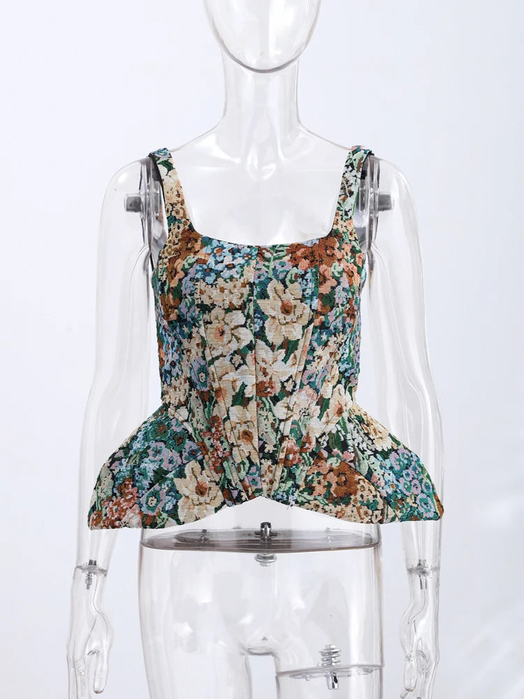 Multicolored Floral Tapestry Tank Top with Peplum Hem and Wide Straps