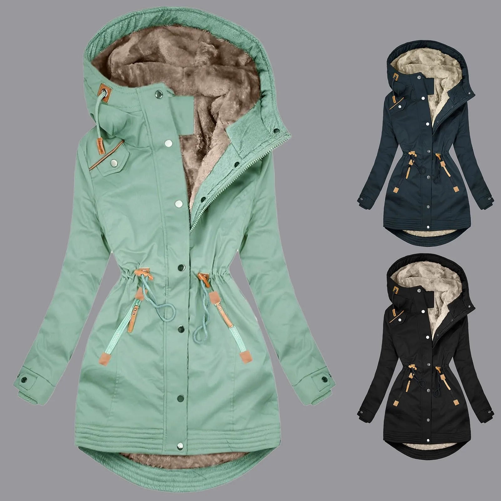 Women's Hooded Fleece-Lined Drawstring Utility Rain Jacket with Windproof Streetwear Outdoor Style