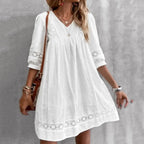 V-Neck Lace Panel Swing Mini Dress with Relaxed Flowy Silhouette
