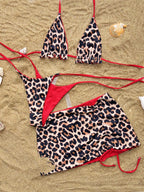 Reversible Leopard Print Three-Piece String Bikini Set with Ruched Skirt