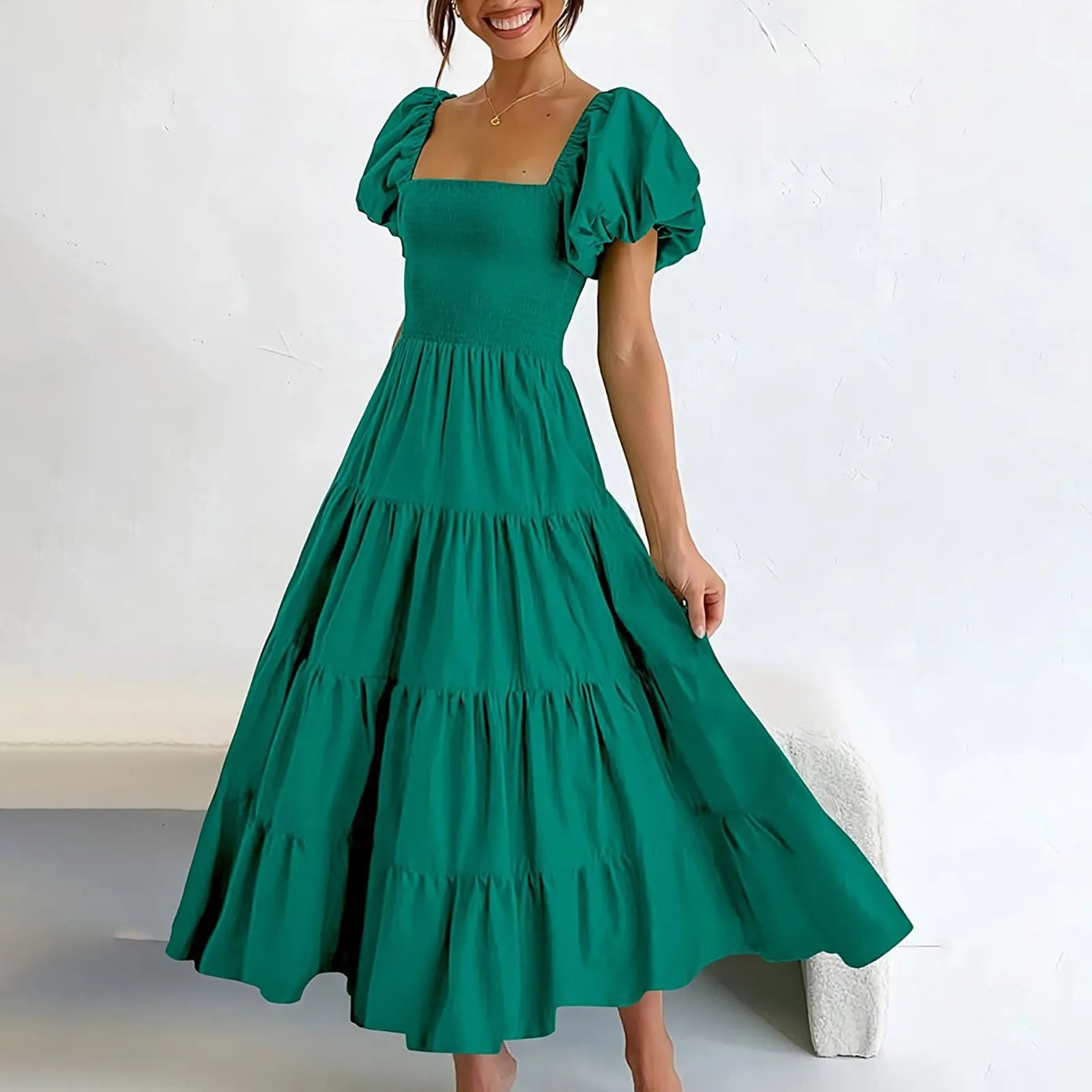 Square Neck Midi Dress with Puff Sleeves and Open Back Design