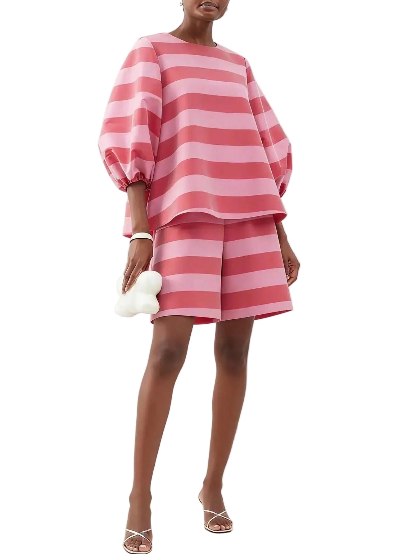 Women's Striped Puff Sleeve Co-Ord Set with Relaxed Top and Shorts