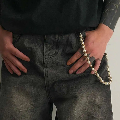 Alternative Pearl Accent Wallet Chain for Grunge, Punk and Y2K Streetwear