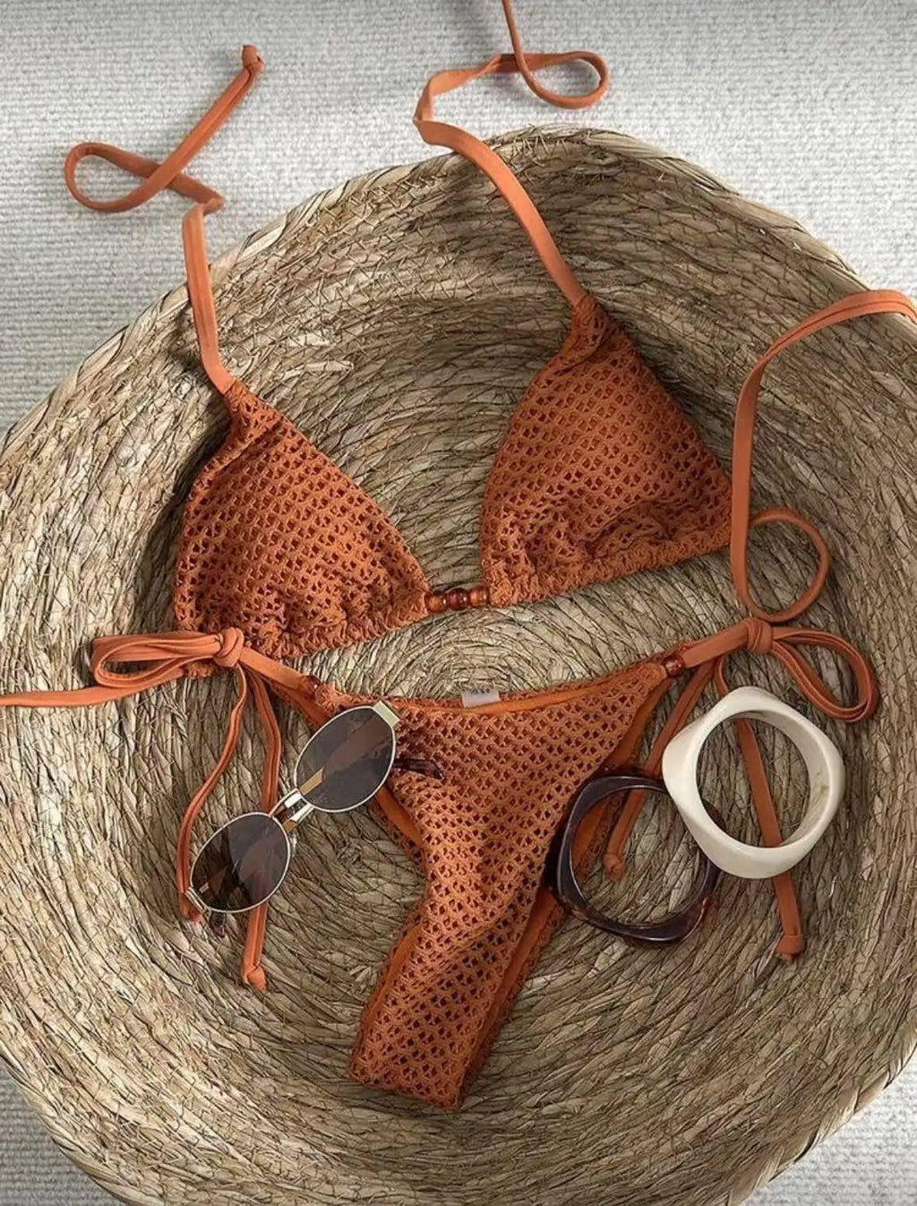 Textured Caramel Triangle String Bikini with Adjustable Side Ties