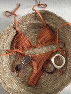 Textured Caramel Triangle String Bikini with Adjustable Side Ties