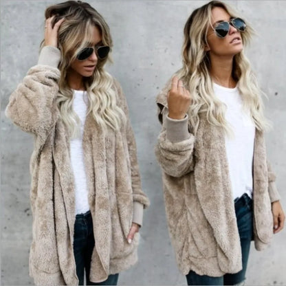 Women's Hooded Plush Fleece Cardigan Open Front Cozy Casual Layering Jacket