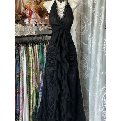 Layered Lace Gothic Maxi Dress with Elegant Alternative Fashion Styling