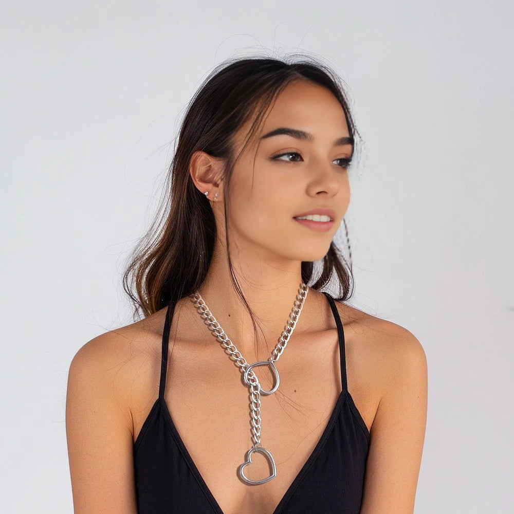 Heart Lariat Chain Necklace for Gothic Punk and Dark Feminine Fashion