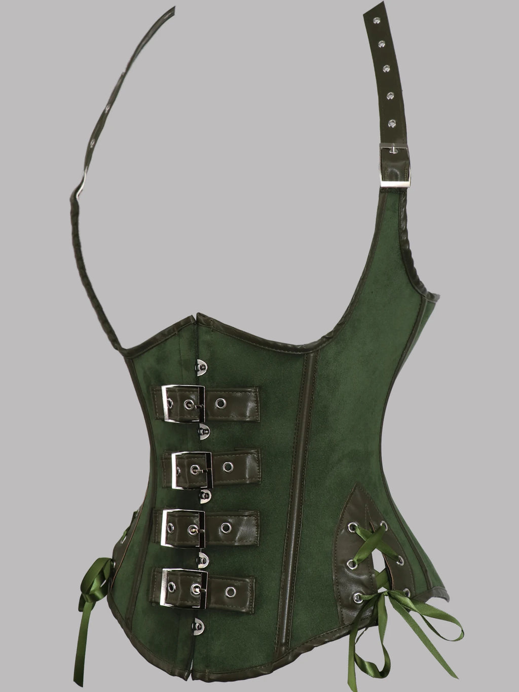 Black Faux Leather Halter Underbust Corset with Heavy-Duty Buckles and Ribbon Lacing