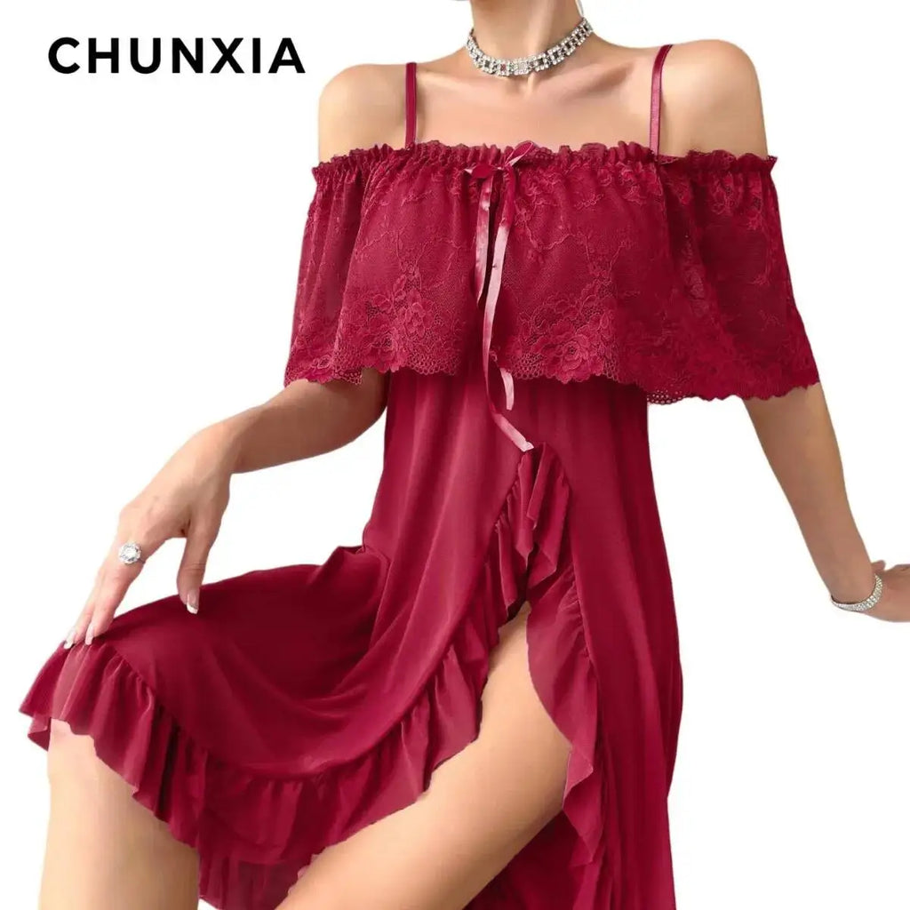 Dusty Mauve Cold-Shoulder Mesh Nightgown with Ruffled Slit Skirt