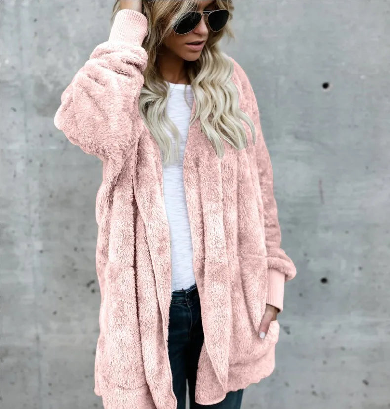 Women's Hooded Plush Fleece Cardigan Open Front Cozy Casual Layering Jacket