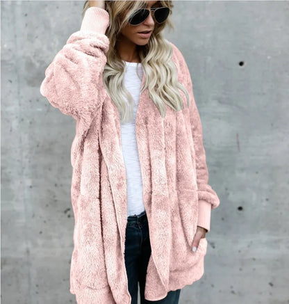 Women's Hooded Plush Fleece Cardigan Open Front Cozy Casual Layering Jacket