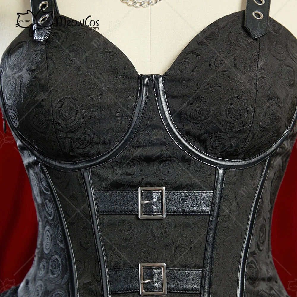 Women's Layered Gothic Dress with Detachable Mesh Train and Coordinated Gloves Set