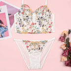 Colorful Floral Embroidery Longline Corset Bra and Panty Set