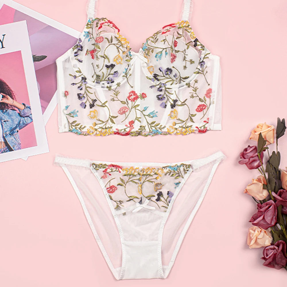 Colorful Floral Embroidery Longline Corset Bra and Panty Set