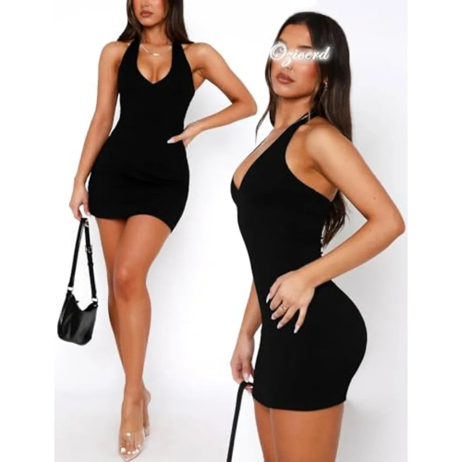 Sleek Black Halter-Neck Bodycon Mini Dress with Deep Plunge Silhouette