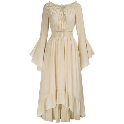 Dark Romantic Victorian Maxi Dress with Statement Bell Sleeves and Flowing Skirt