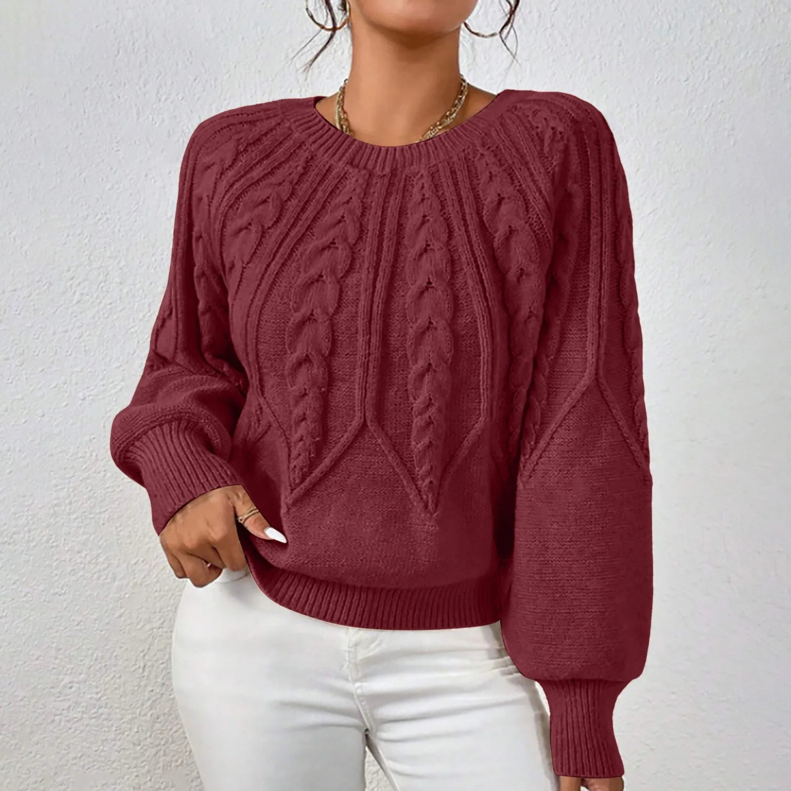 Women's Textured Cable Knit Crew Neck Relaxed Fit Sweater Pullover