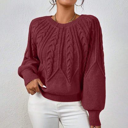 Women's Textured Cable Knit Crew Neck Relaxed Fit Sweater Pullover