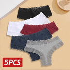 Five-Piece Ribbed Cotton-Blend Brazilian Panty Set with Floral Lace Trim