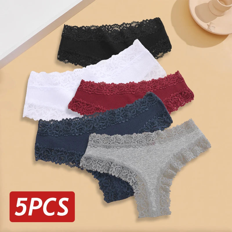 Five-Piece Ribbed Cotton-Blend Brazilian Panty Set with Floral Lace Trim