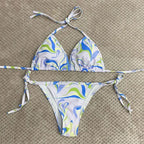 Blue and Green Abstract Swirl Print Triangle String Bikini